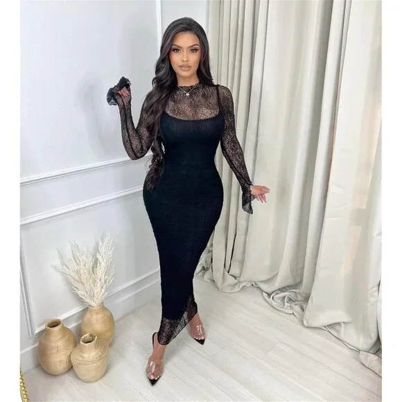 Women's Lace Bodycon Midi Dress Long Sleeve Formal Party Wedding Guest